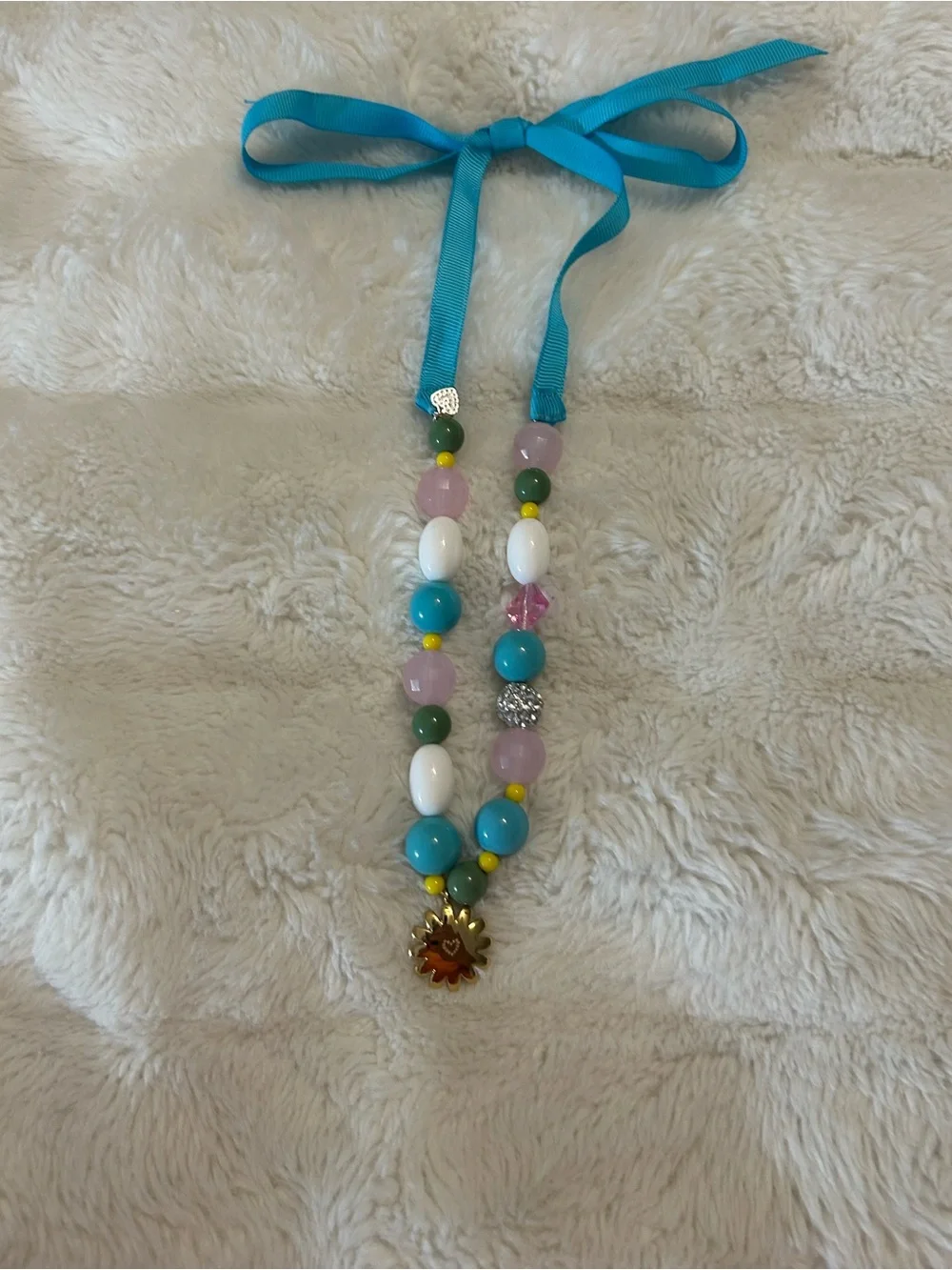 Stella & Dot Turquoise Ribbon Daisy Bead Child's Necklace with Multicolor Beads